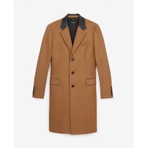 The Kooples NEW Black Leather Collar Camel Long Wool Coat FR XS/ US XS MSRP $675